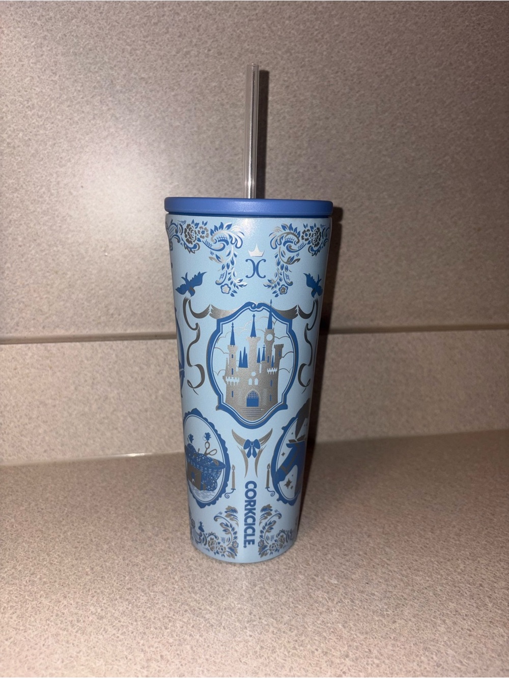 Disney Blue Castle Corkcicle 24 Ounce Travel Tumbler with Straw